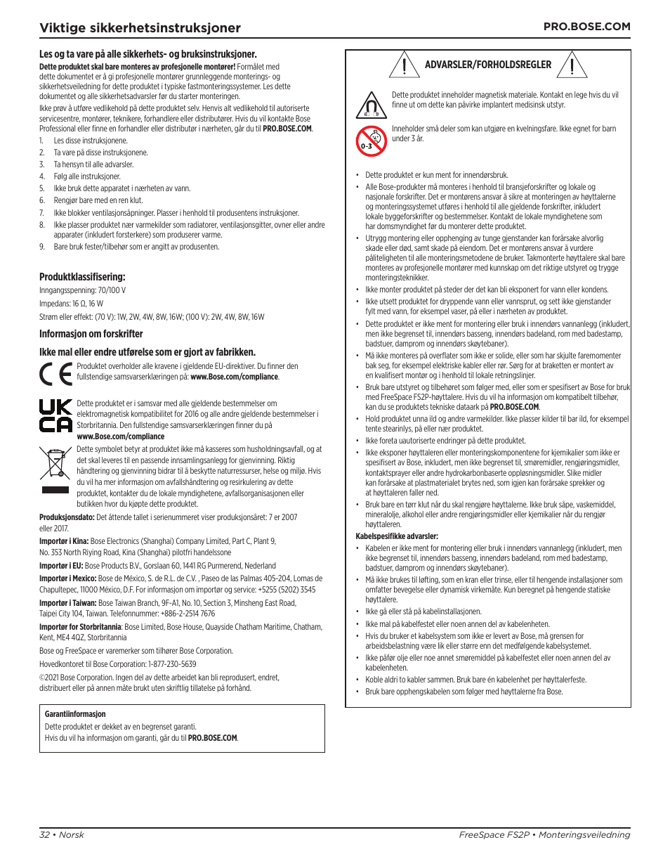 Monteringsveiledning, Viktige sikkerhetsinstruksjoner | Bose Professional FreeSpace FS2P 2.25" 20W Passive Pendant-Mount Loudspeaker (Pair, Black) User Manual | Page 32 / 64