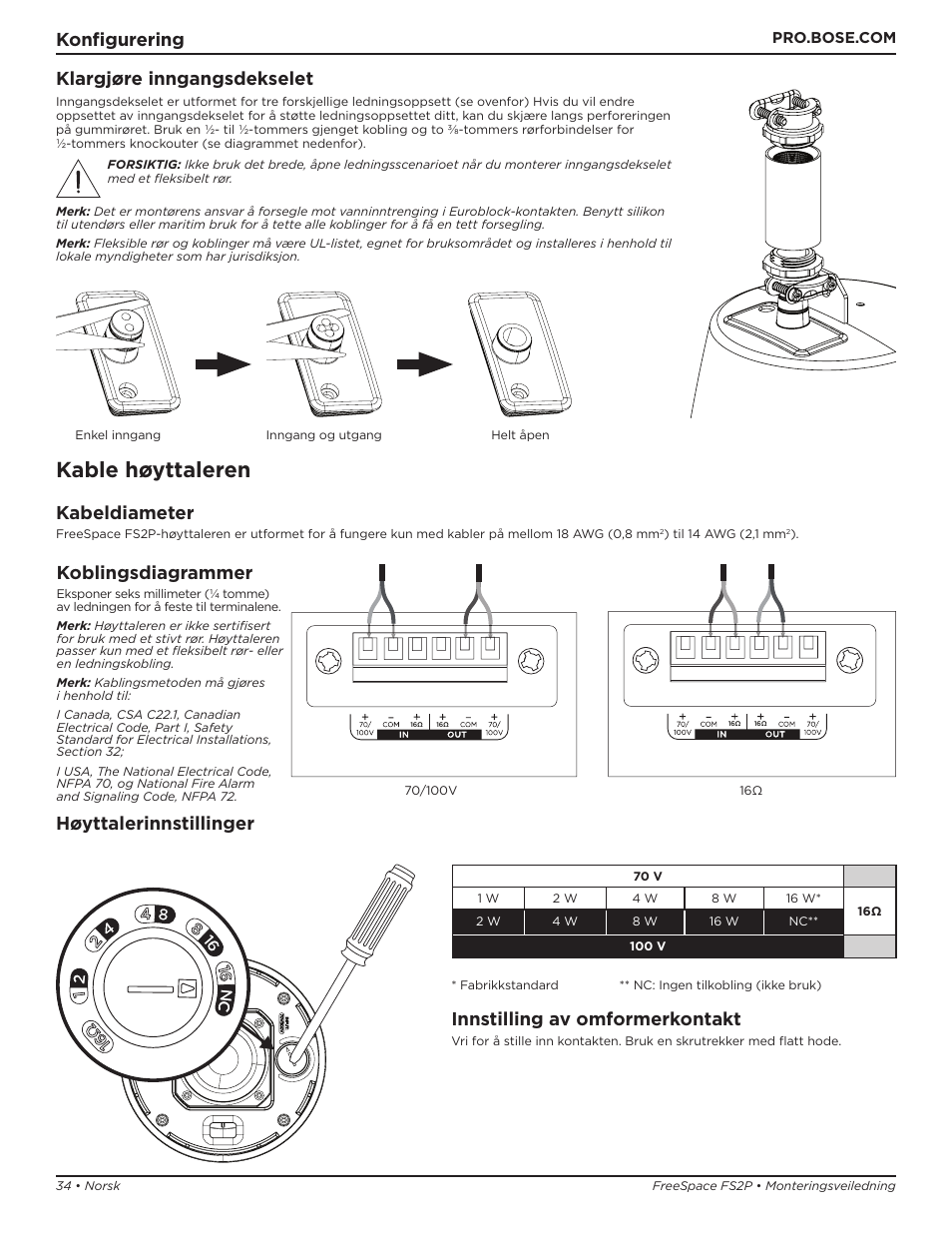 Kable høyttaleren, Konfigurering, Kabeldiameter | Koblingsdiagrammer, Klargjøre inngangsdekselet, Høyttalerinnstillinger, Innstilling av omformerkontakt | Bose Professional FreeSpace FS2P 2.25" 20W Passive Pendant-Mount Loudspeaker (Pair, Black) User Manual | Page 34 / 64