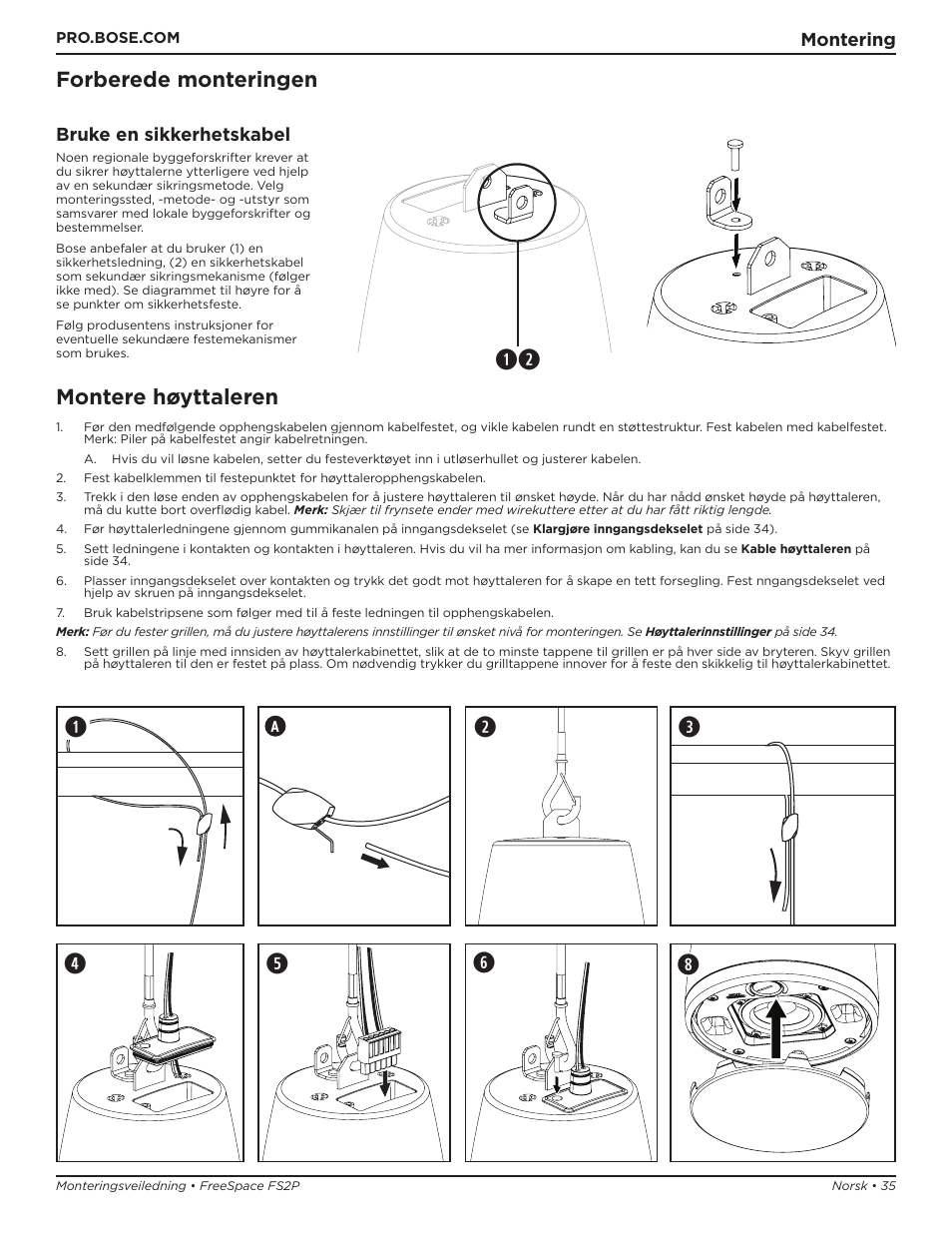 Forberede monteringen, Montere høyttaleren | Bose Professional FreeSpace FS2P 2.25" 20W Passive Pendant-Mount Loudspeaker (Pair, Black) User Manual | Page 35 / 64
