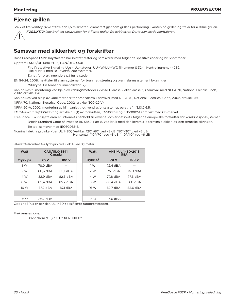 Samsvar med sikkerhet og forskrifter, Fjerne grillen, Montering | Bose Professional FreeSpace FS2P 2.25" 20W Passive Pendant-Mount Loudspeaker (Pair, Black) User Manual | Page 36 / 64