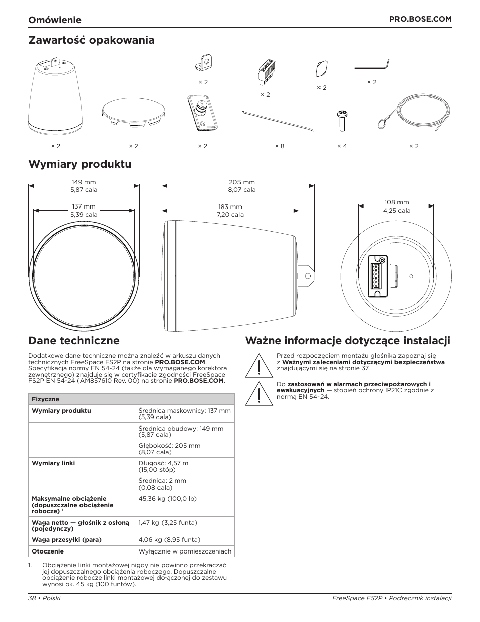 Zawartość opakowania wymiary produktu, Dane techniczne, Ważne informacje dotyczące instalacji | Omówienie | Bose Professional FreeSpace FS2P 2.25" 20W Passive Pendant-Mount Loudspeaker (Pair, Black) User Manual | Page 38 / 64