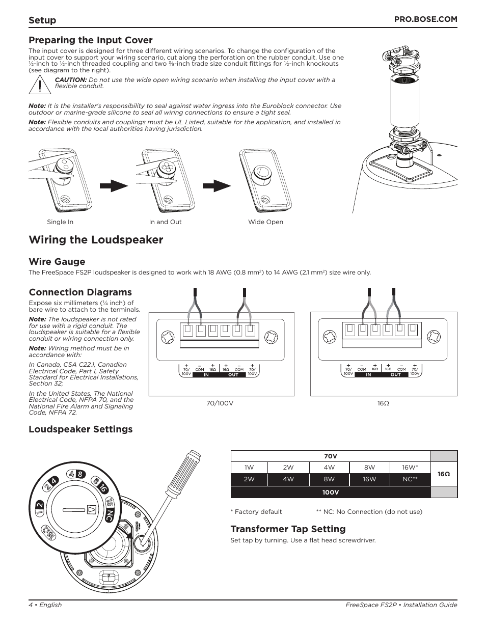Wiring the loudspeaker, Setup, Wire gauge | Loudspeaker settings, Transformer tap setting, Connection diagrams, Preparing the input cover | Bose Professional FreeSpace FS2P 2.25" 20W Passive Pendant-Mount Loudspeaker (Pair, Black) User Manual | Page 4 / 64