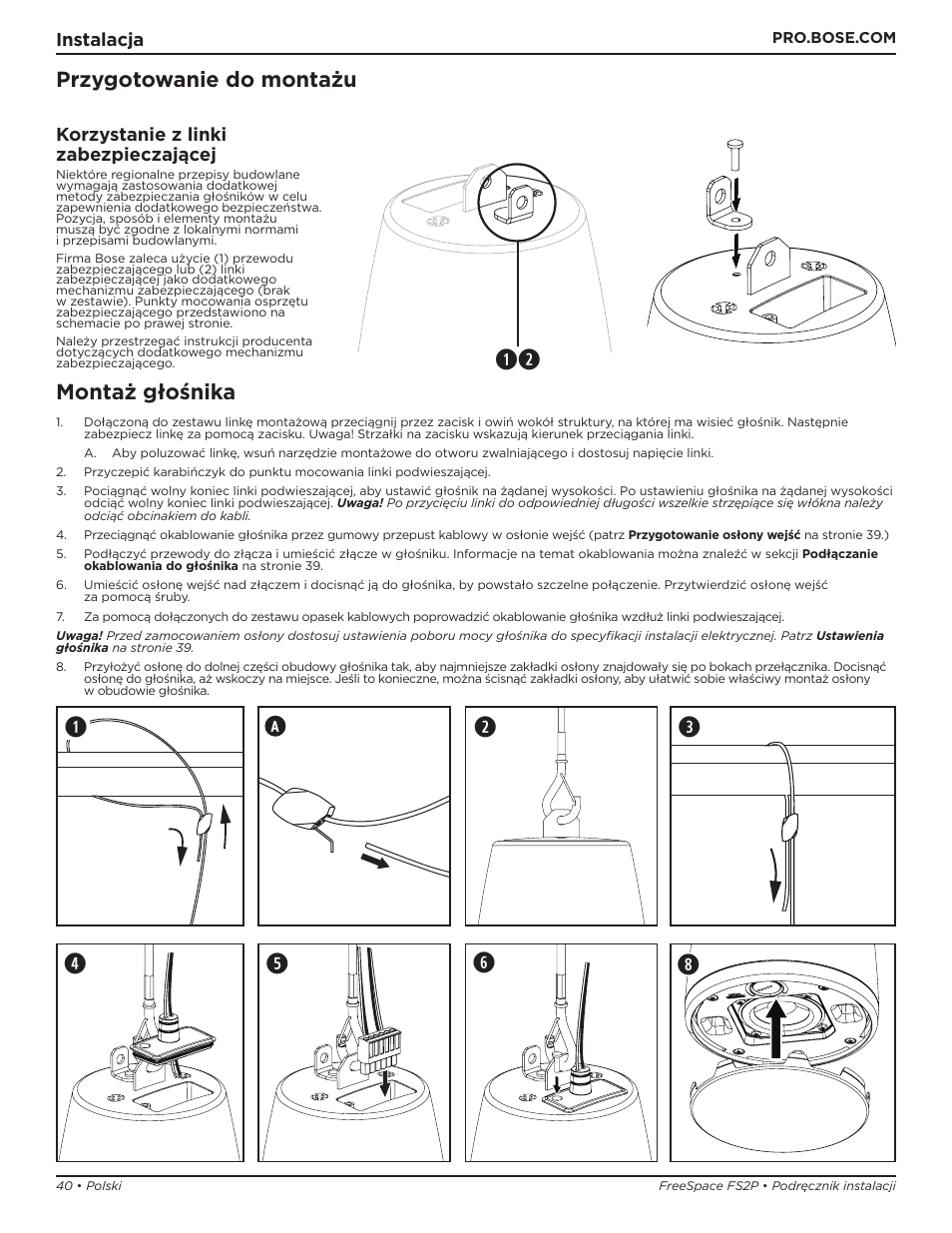 Przygotowanie do montażu, Montaż głośnika | Bose Professional FreeSpace FS2P 2.25" 20W Passive Pendant-Mount Loudspeaker (Pair, Black) User Manual | Page 40 / 64