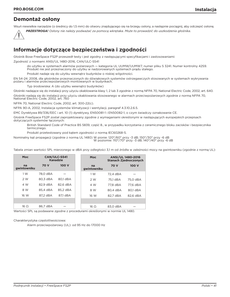 Informacje dotyczące bezpieczeństwa i zgodności, Demontaż osłony, Instalacja | Bose Professional FreeSpace FS2P 2.25" 20W Passive Pendant-Mount Loudspeaker (Pair, Black) User Manual | Page 41 / 64