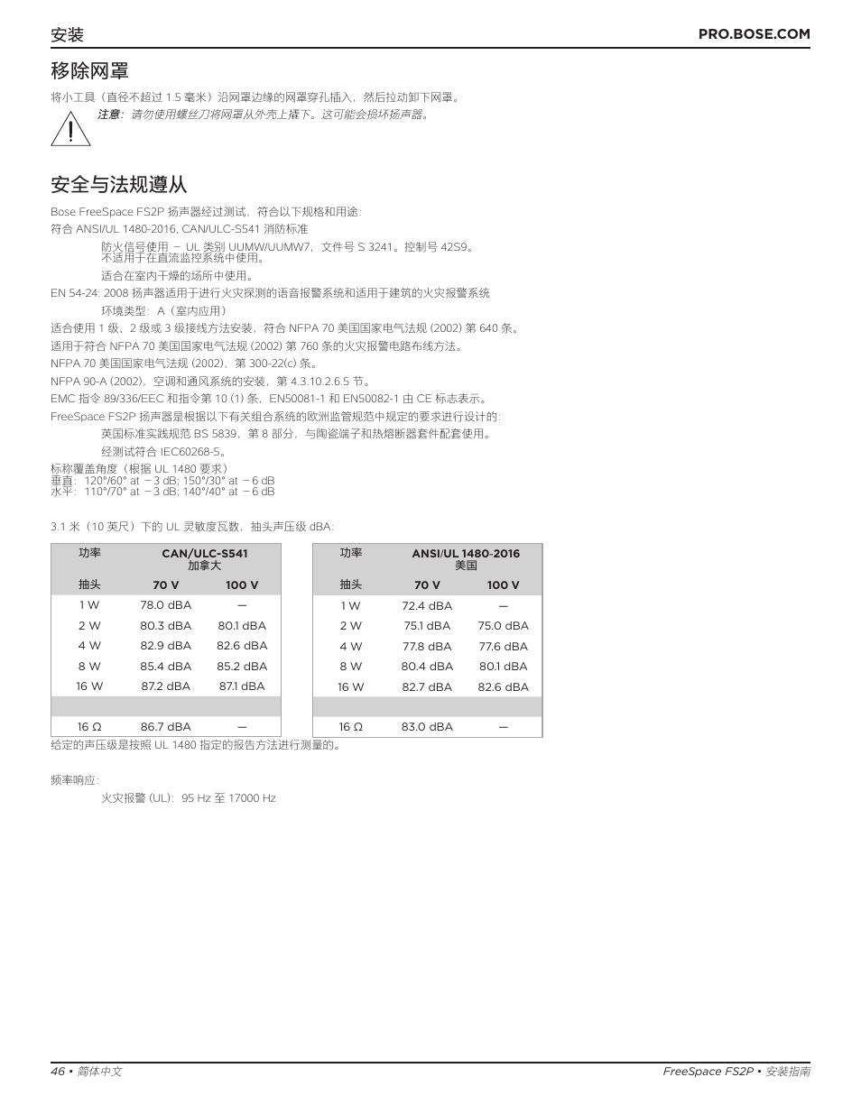 安全与法规遵从, 移除网罩 | Bose Professional FreeSpace FS2P 2.25" 20W Passive Pendant-Mount Loudspeaker (Pair, Black) User Manual | Page 46 / 64