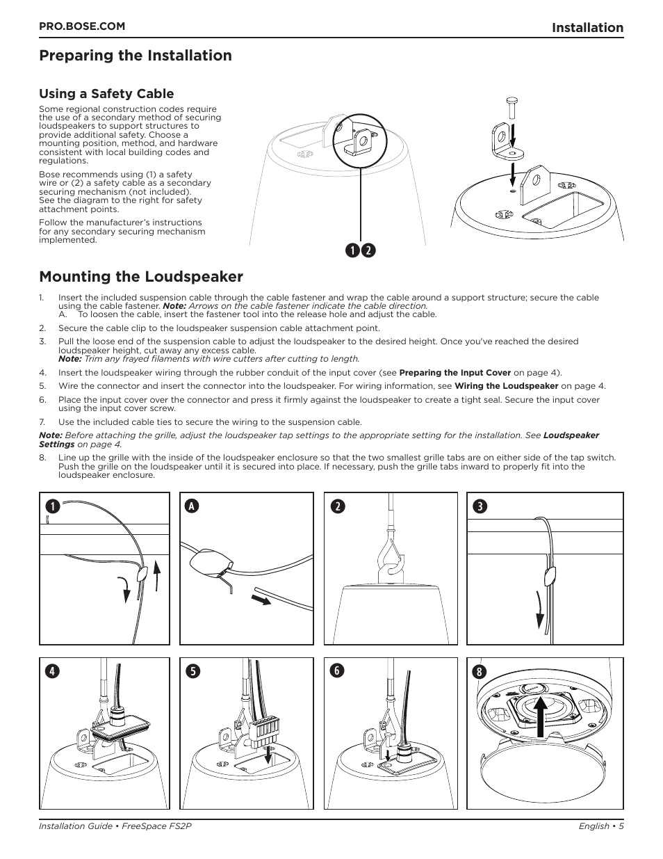 Preparing the installation, Mounting the loudspeaker | Bose Professional FreeSpace FS2P 2.25" 20W Passive Pendant-Mount Loudspeaker (Pair, Black) User Manual | Page 5 / 64