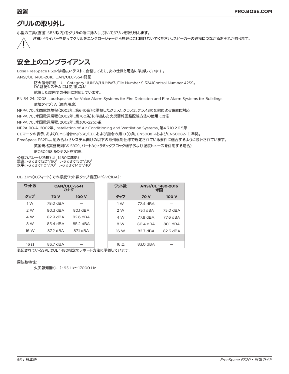 安全上のコンプライアンス, グリルの取り外し | Bose Professional FreeSpace FS2P 2.25" 20W Passive Pendant-Mount Loudspeaker (Pair, Black) User Manual | Page 56 / 64