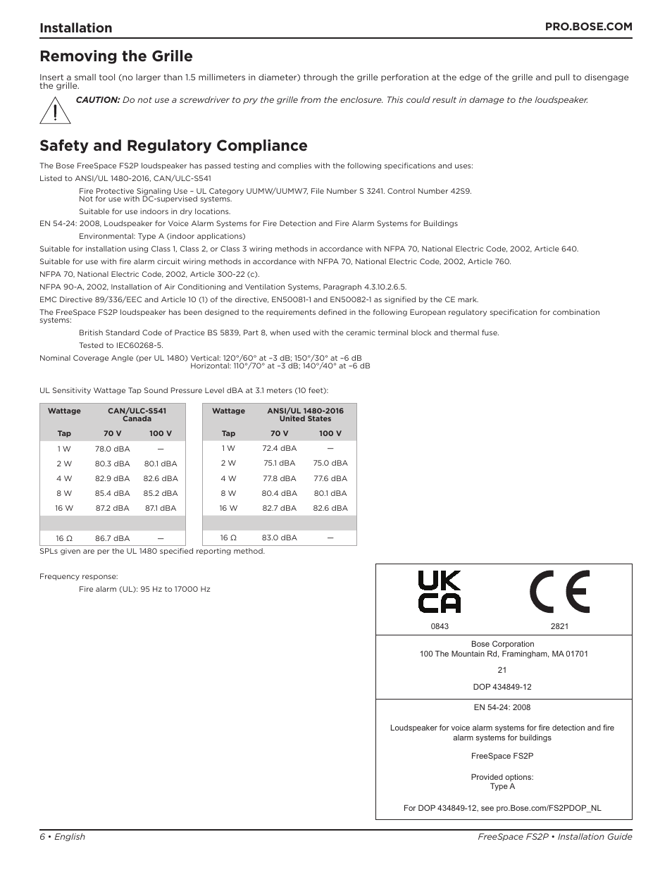 Safety and regulatory compliance, Removing the grille, Installation | Bose Professional FreeSpace FS2P 2.25" 20W Passive Pendant-Mount Loudspeaker (Pair, Black) User Manual | Page 6 / 64