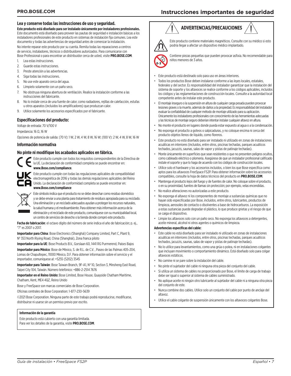 Guía de instalación, Instrucciones importantes de seguridad, Advertencias/precauciones | Bose Professional FreeSpace FS2P 2.25" 20W Passive Pendant-Mount Loudspeaker (Pair, Black) User Manual | Page 7 / 64