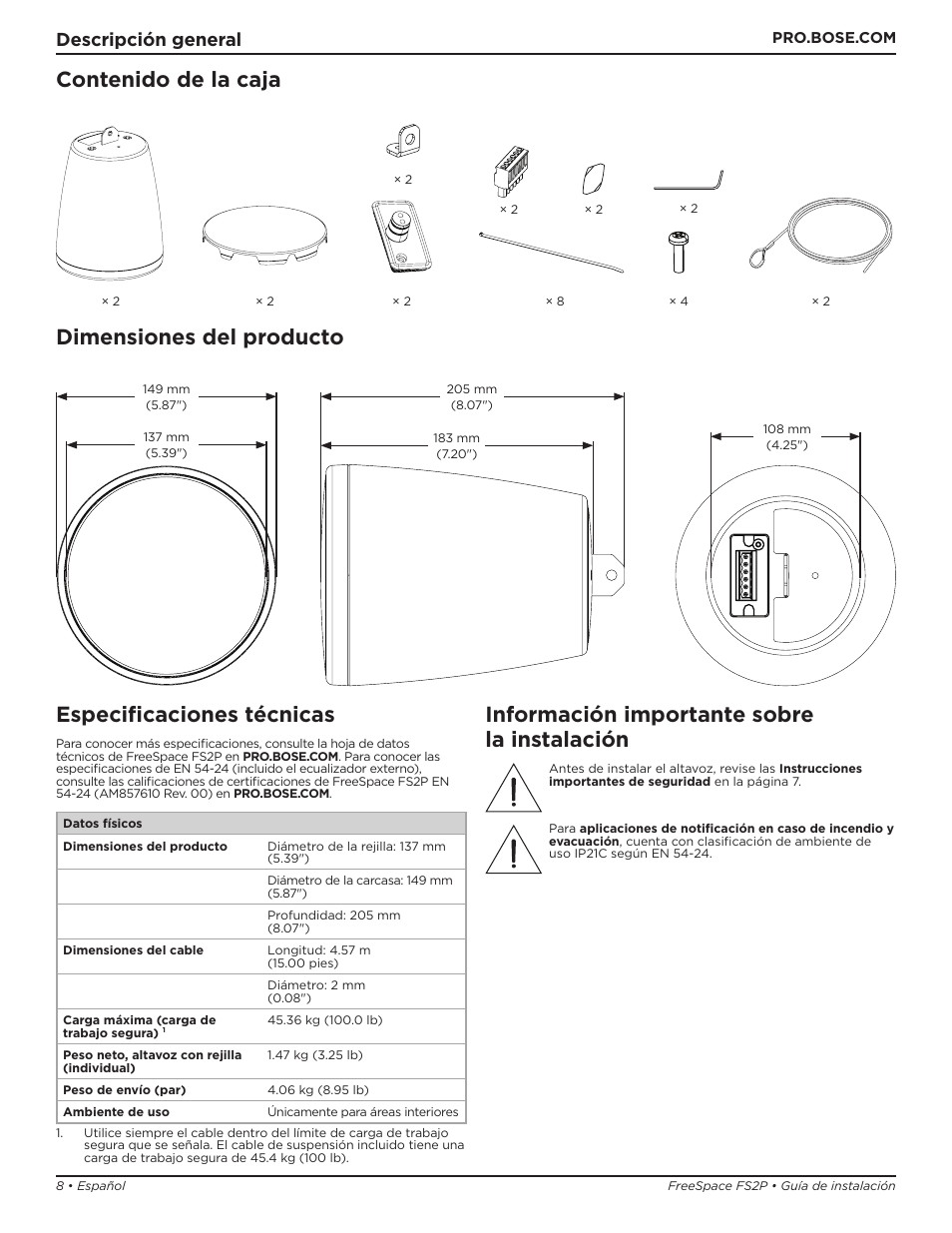 Bose Professional FreeSpace FS2P 2.25" 20W Passive Pendant-Mount Loudspeaker (Pair, Black) User Manual | Page 8 / 64