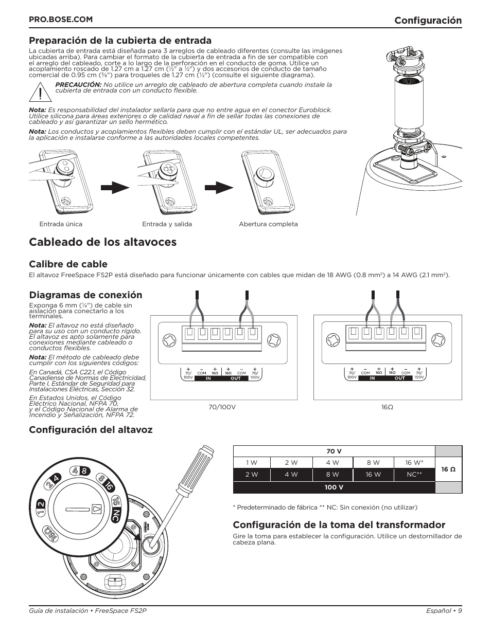 Cableado de los altavoces, Configuración, Calibre de cable | Diagramas de conexión, Preparación de la cubierta de entrada, Configuración del altavoz, Configuración de la toma del transformador | Bose Professional FreeSpace FS2P 2.25" 20W Passive Pendant-Mount Loudspeaker (Pair, Black) User Manual | Page 9 / 64