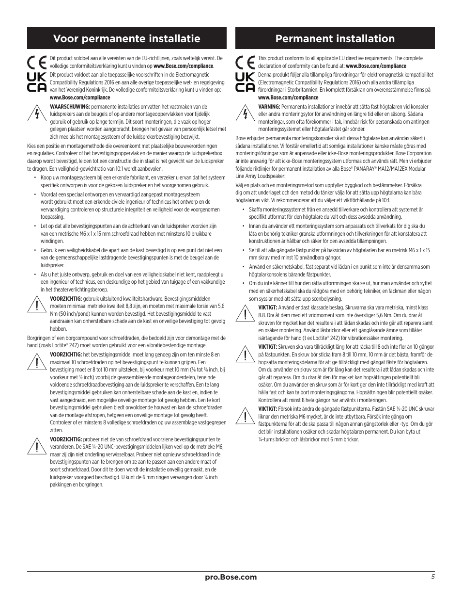 Voor permanente installatie permanent installation | Bose Professional Panaray MA12 Modular Vertical Line-Array Loudspeaker (White) User Manual | Page 5 / 8