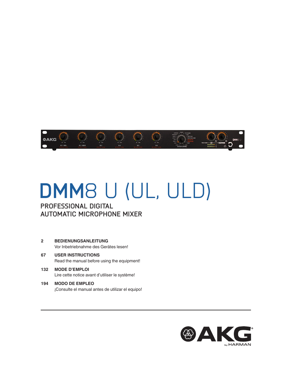 Akg DMM8 ULD Digital Automatic Microphone Mixer with LAN and DANTE Interface User Manual | 259 pages