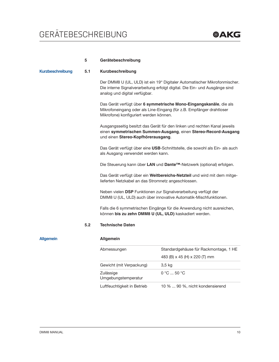 Gerätebeschreibung | Akg DMM8 ULD Digital Automatic Microphone Mixer with LAN and DANTE Interface User Manual | Page 10 / 259