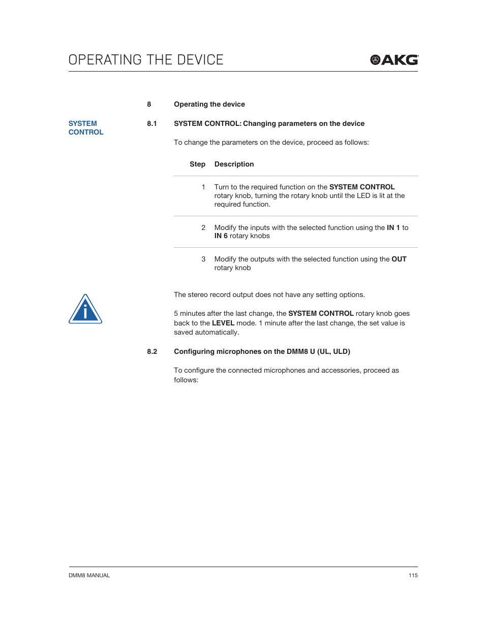 Operating the device | Akg DMM8 ULD Digital Automatic Microphone Mixer with LAN and DANTE Interface User Manual | Page 115 / 259