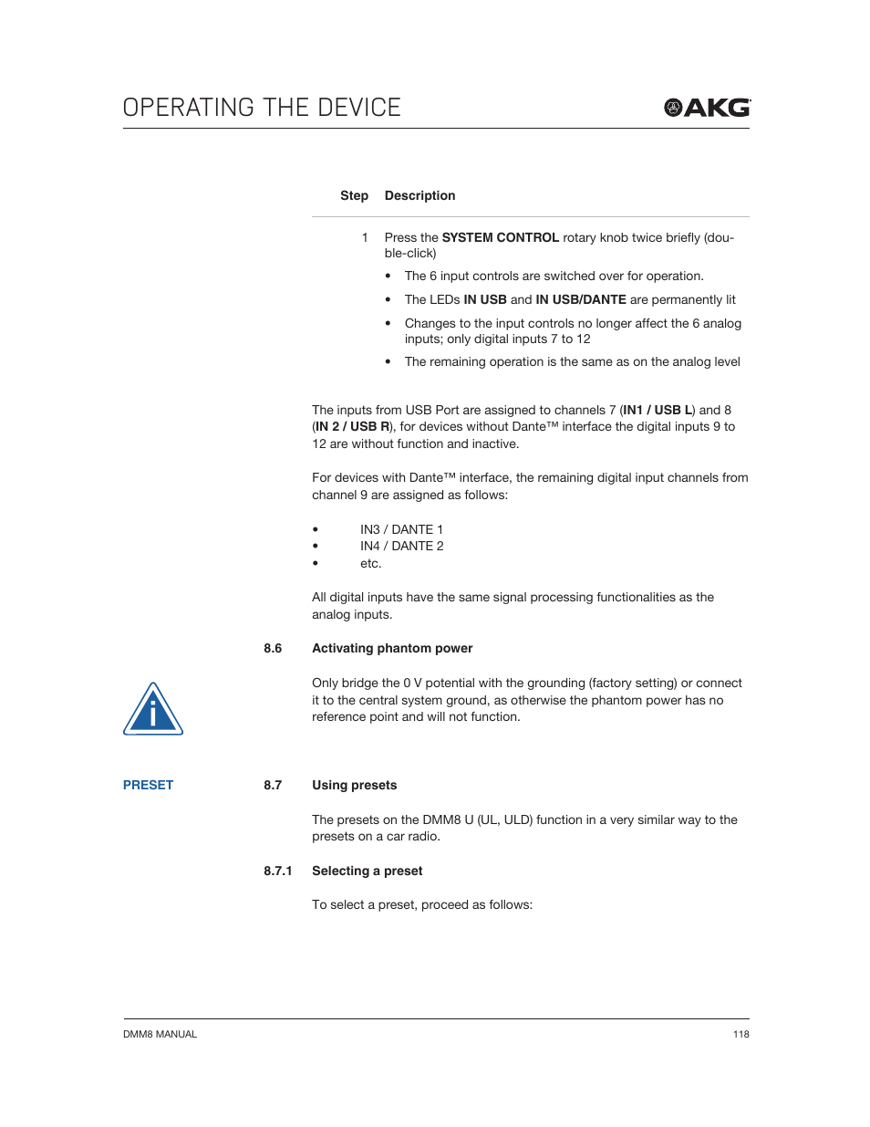 Operating the device | Akg DMM8 ULD Digital Automatic Microphone Mixer with LAN and DANTE Interface User Manual | Page 118 / 259