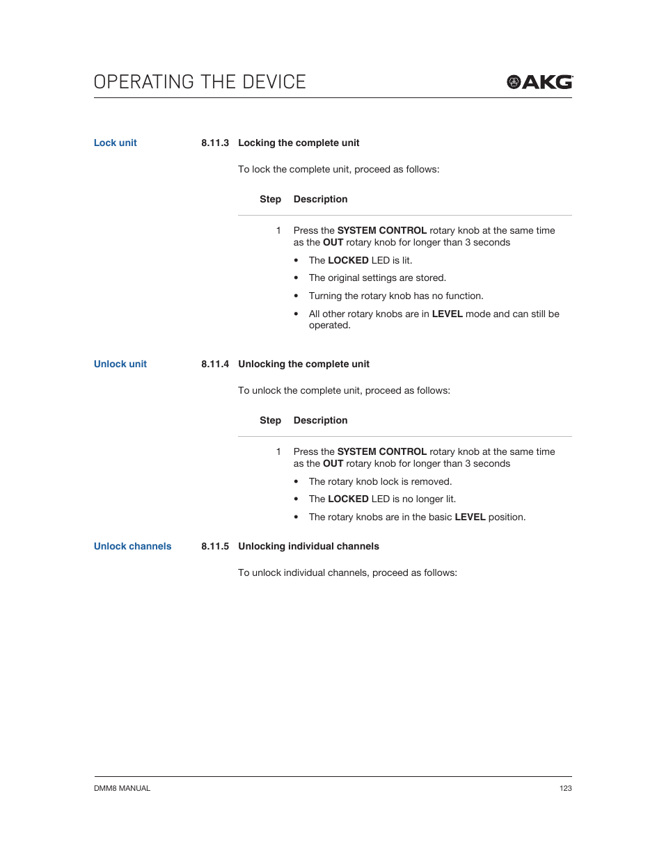 Operating the device | Akg DMM8 ULD Digital Automatic Microphone Mixer with LAN and DANTE Interface User Manual | Page 123 / 259