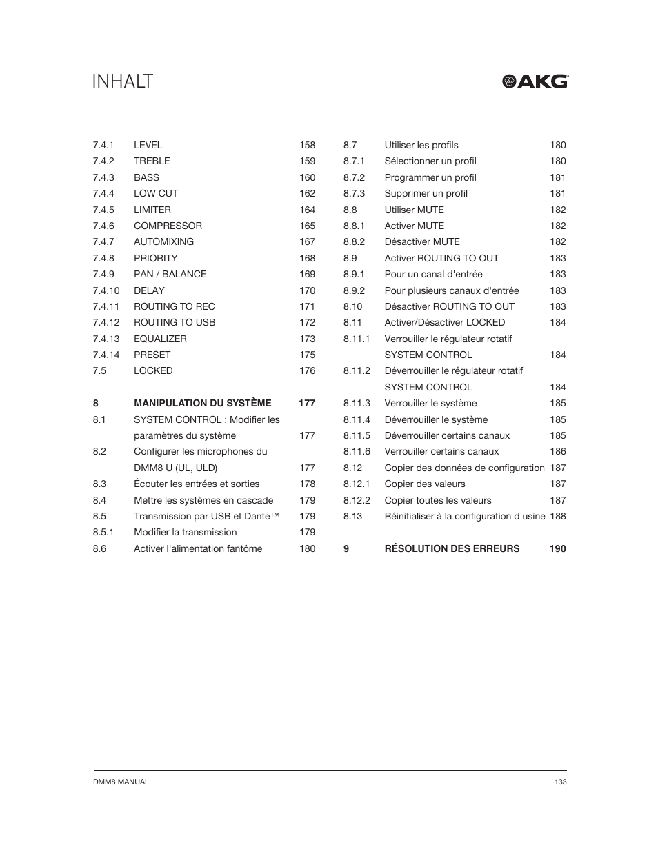 Inhalt | Akg DMM8 ULD Digital Automatic Microphone Mixer with LAN and DANTE Interface User Manual | Page 133 / 259