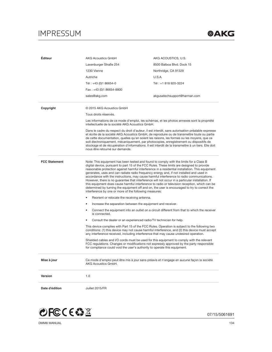 Impressum | Akg DMM8 ULD Digital Automatic Microphone Mixer with LAN and DANTE Interface User Manual | Page 134 / 259