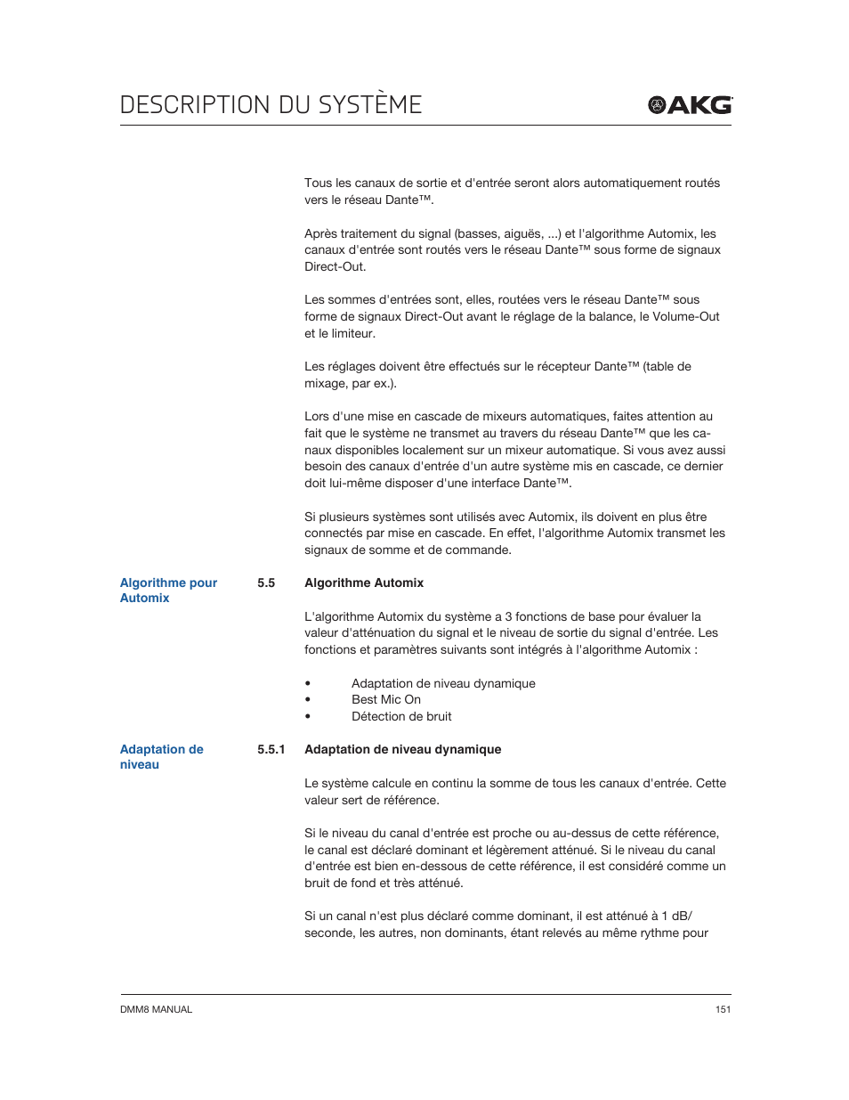 Description du système | Akg DMM8 ULD Digital Automatic Microphone Mixer with LAN and DANTE Interface User Manual | Page 151 / 259