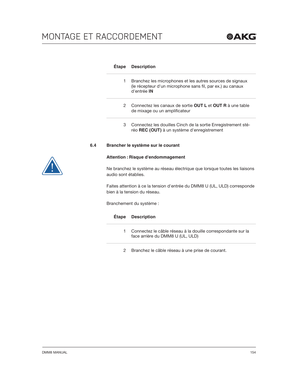 Montage et raccordement | Akg DMM8 ULD Digital Automatic Microphone Mixer with LAN and DANTE Interface User Manual | Page 154 / 259