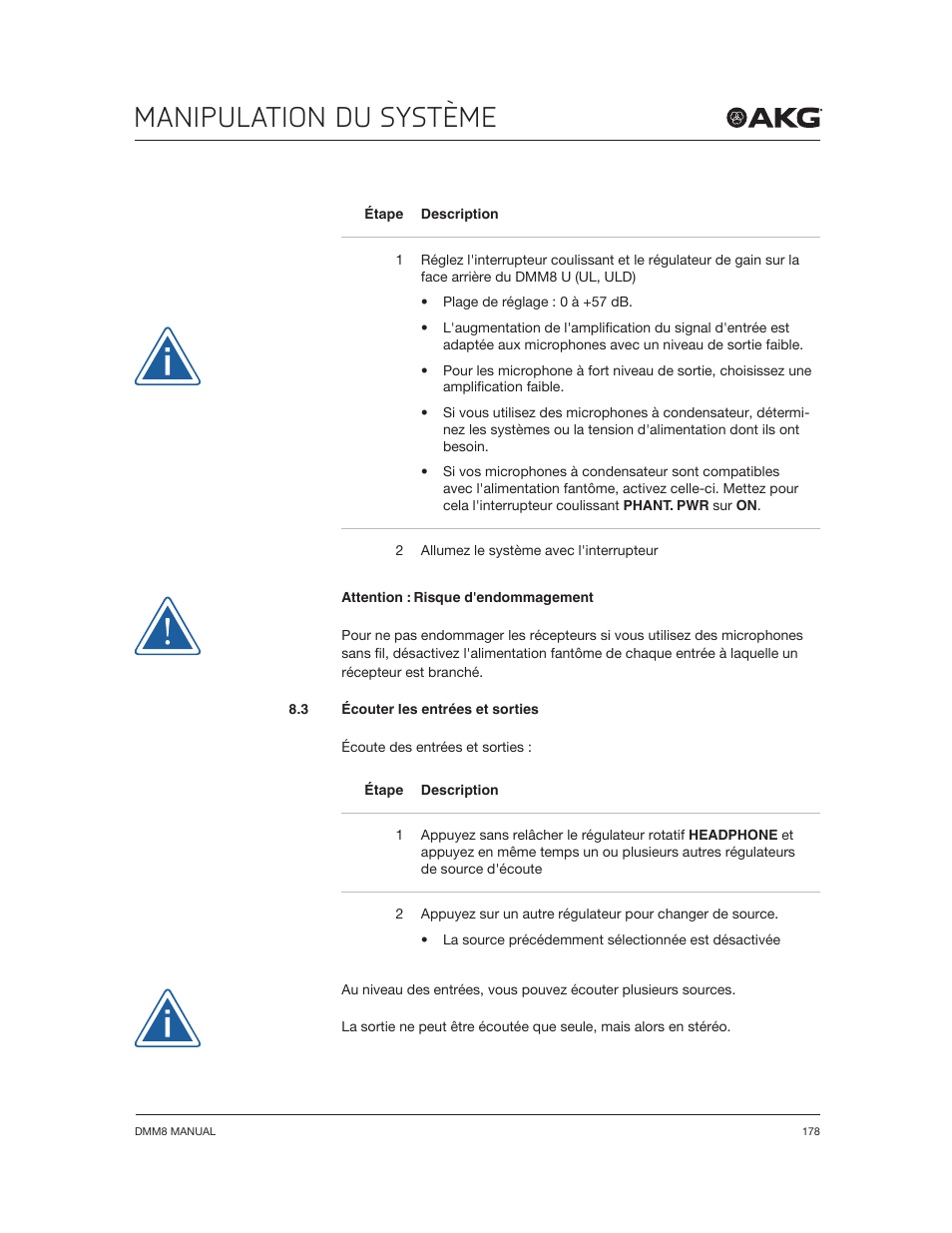 Manipulation du système | Akg DMM8 ULD Digital Automatic Microphone Mixer with LAN and DANTE Interface User Manual | Page 178 / 259