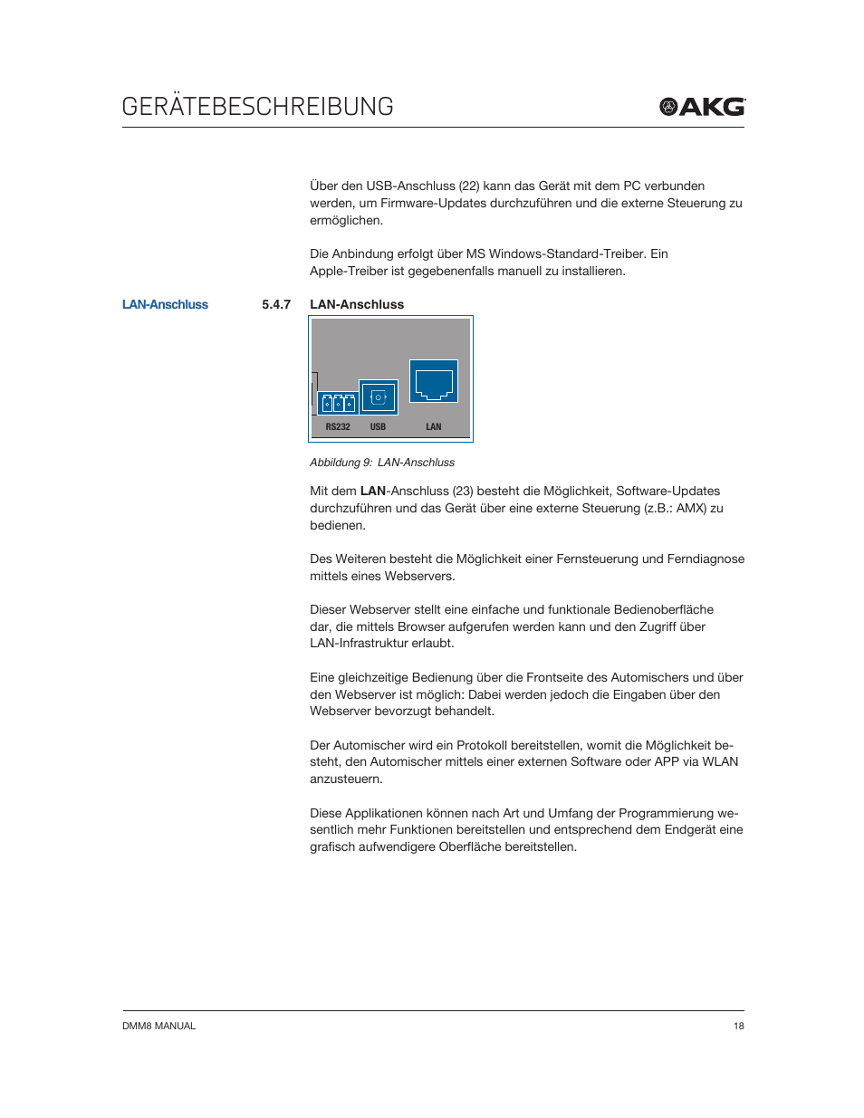 Gerätebeschreibung | Akg DMM8 ULD Digital Automatic Microphone Mixer with LAN and DANTE Interface User Manual | Page 18 / 259