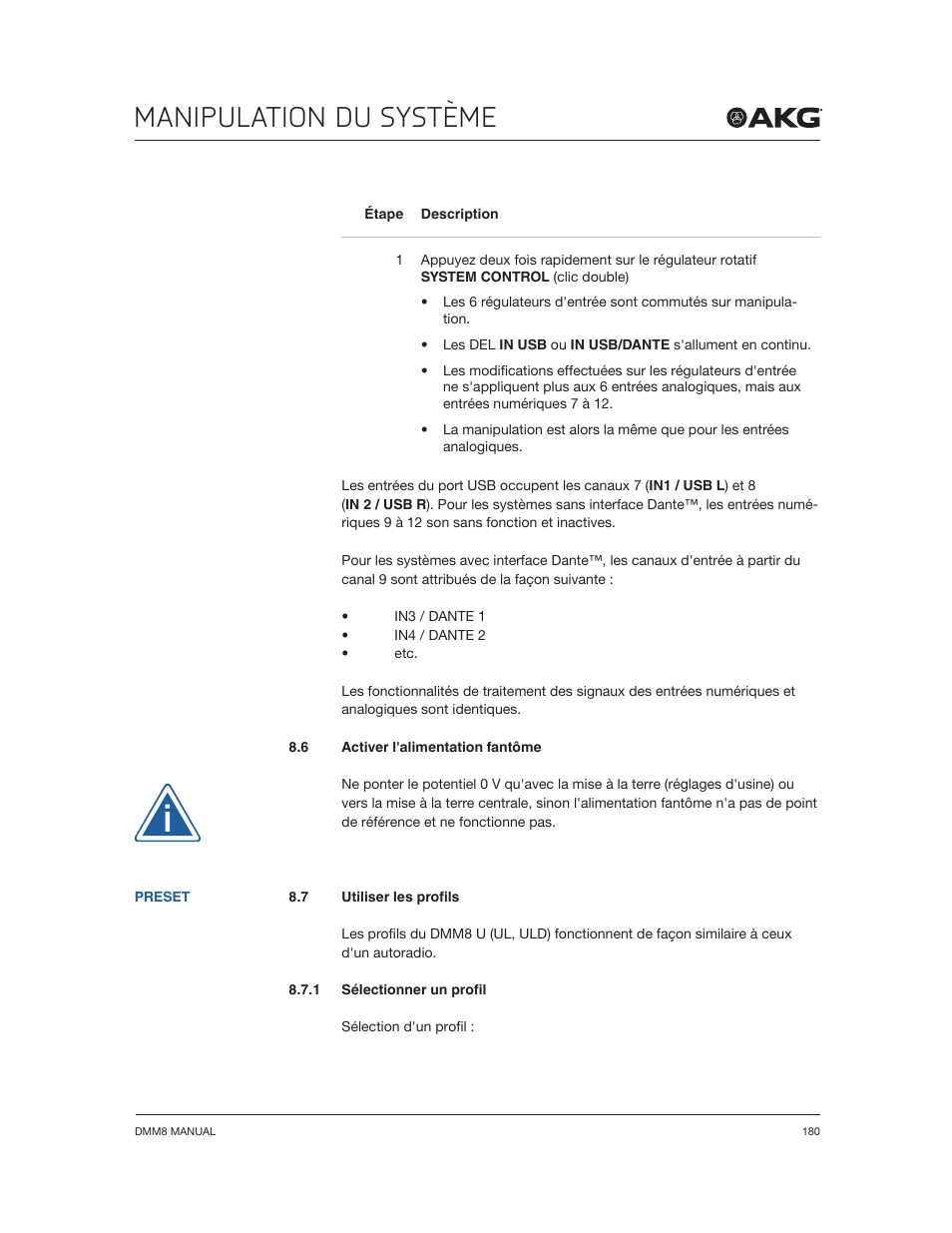 Manipulation du système | Akg DMM8 ULD Digital Automatic Microphone Mixer with LAN and DANTE Interface User Manual | Page 180 / 259