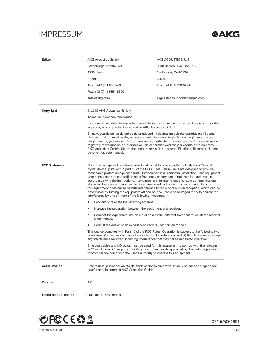 Impressum | Akg DMM8 ULD Digital Automatic Microphone Mixer with LAN and DANTE Interface User Manual | Page 196 / 259