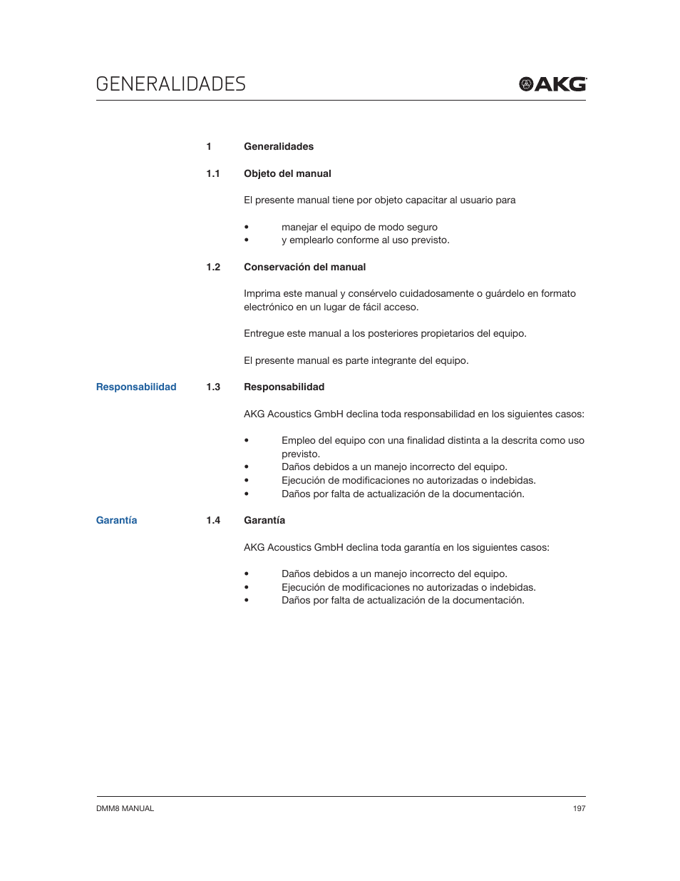 Generalidades | Akg DMM8 ULD Digital Automatic Microphone Mixer with LAN and DANTE Interface User Manual | Page 197 / 259