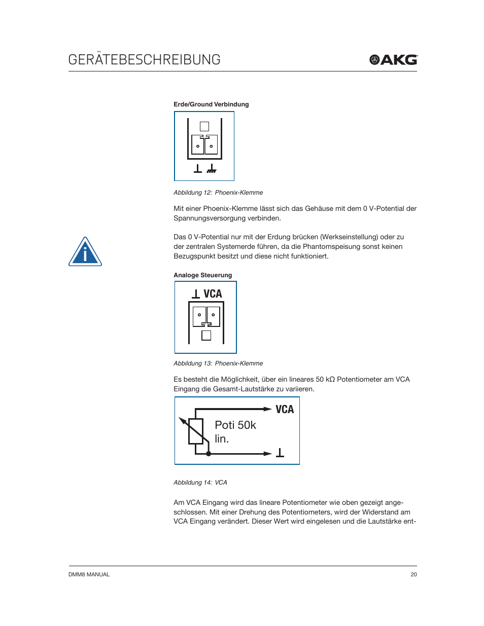 Gerätebeschreibung, Vca poti 50k lin | Akg DMM8 ULD Digital Automatic Microphone Mixer with LAN and DANTE Interface User Manual | Page 20 / 259
