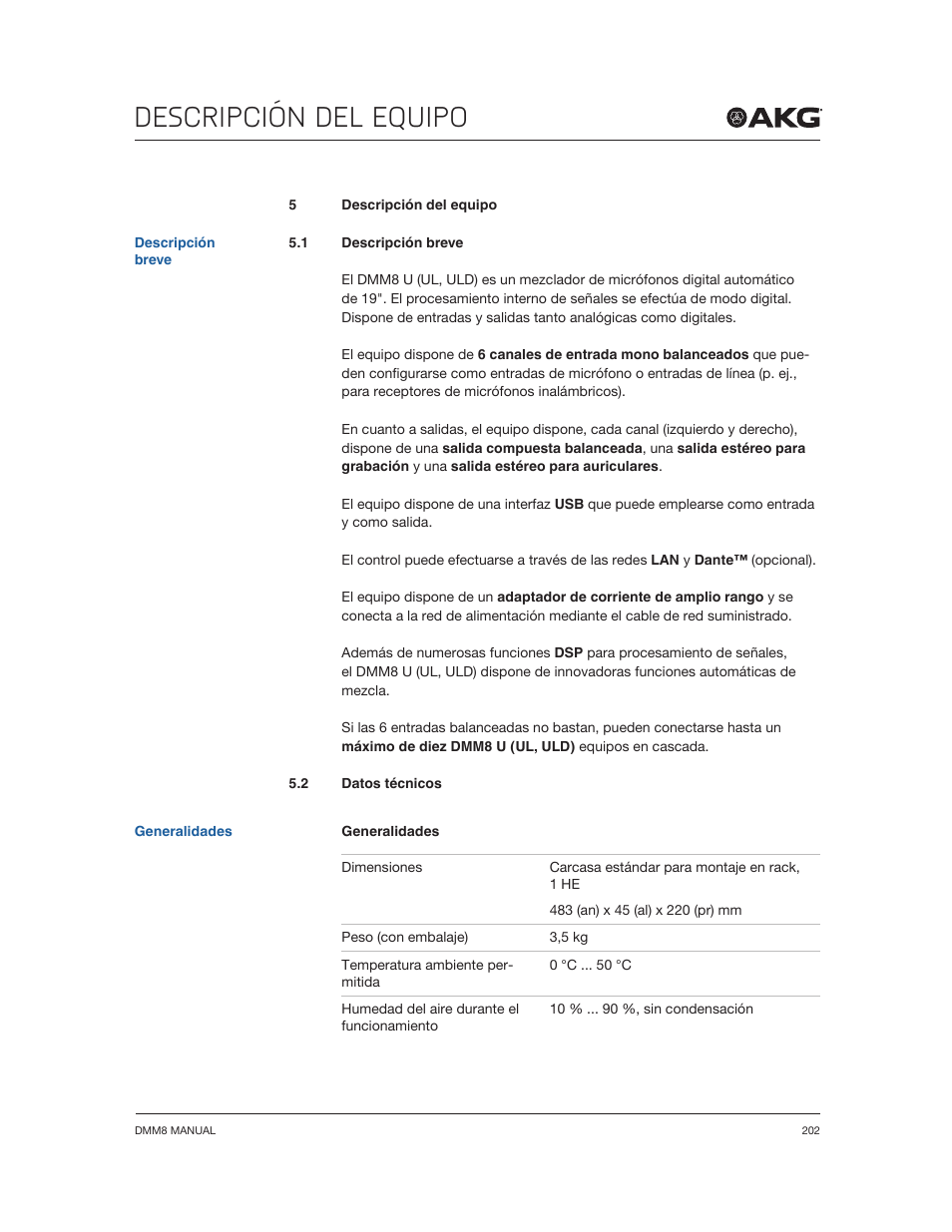 Descripción del equipo | Akg DMM8 ULD Digital Automatic Microphone Mixer with LAN and DANTE Interface User Manual | Page 202 / 259
