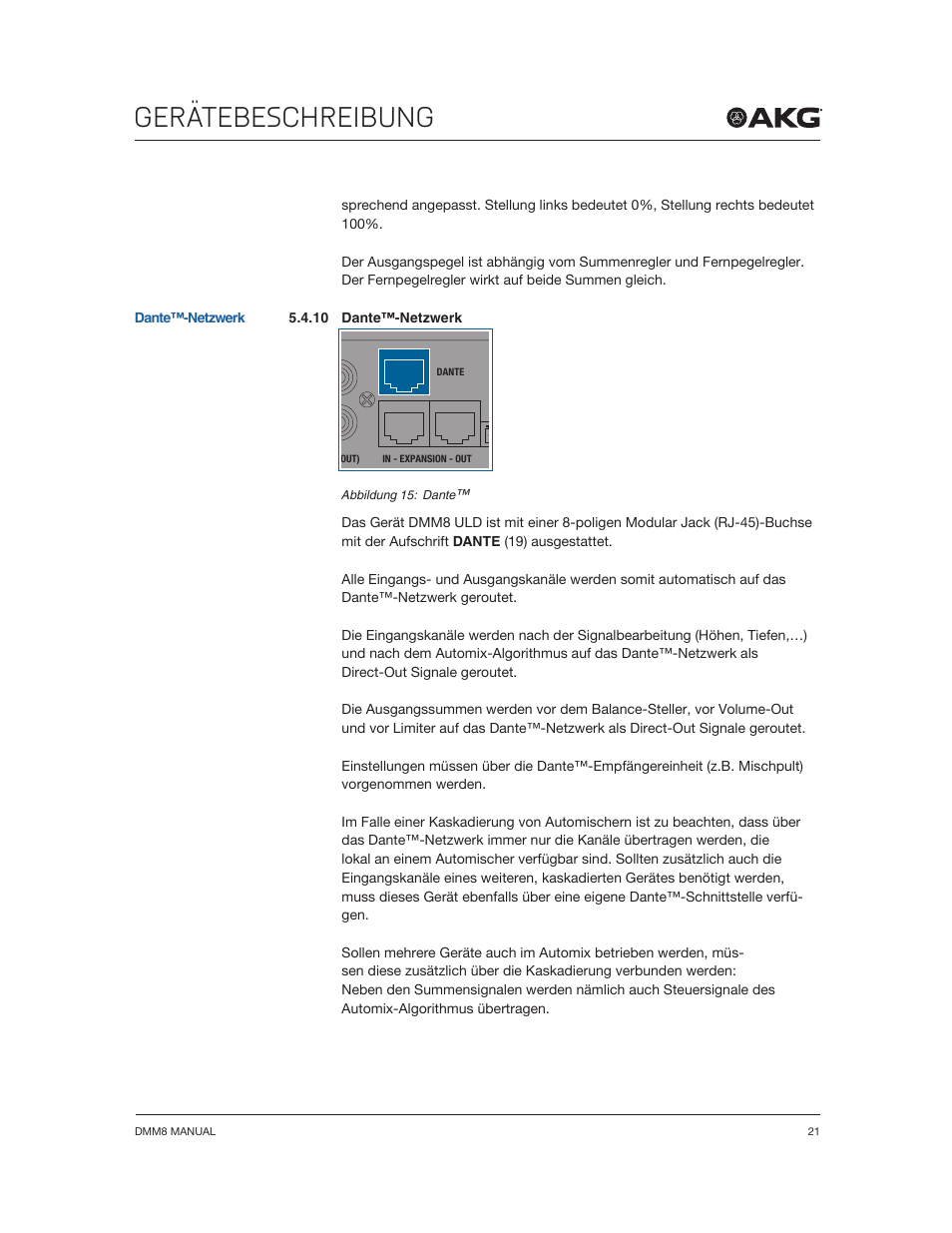 Gerätebeschreibung | Akg DMM8 ULD Digital Automatic Microphone Mixer with LAN and DANTE Interface User Manual | Page 21 / 259