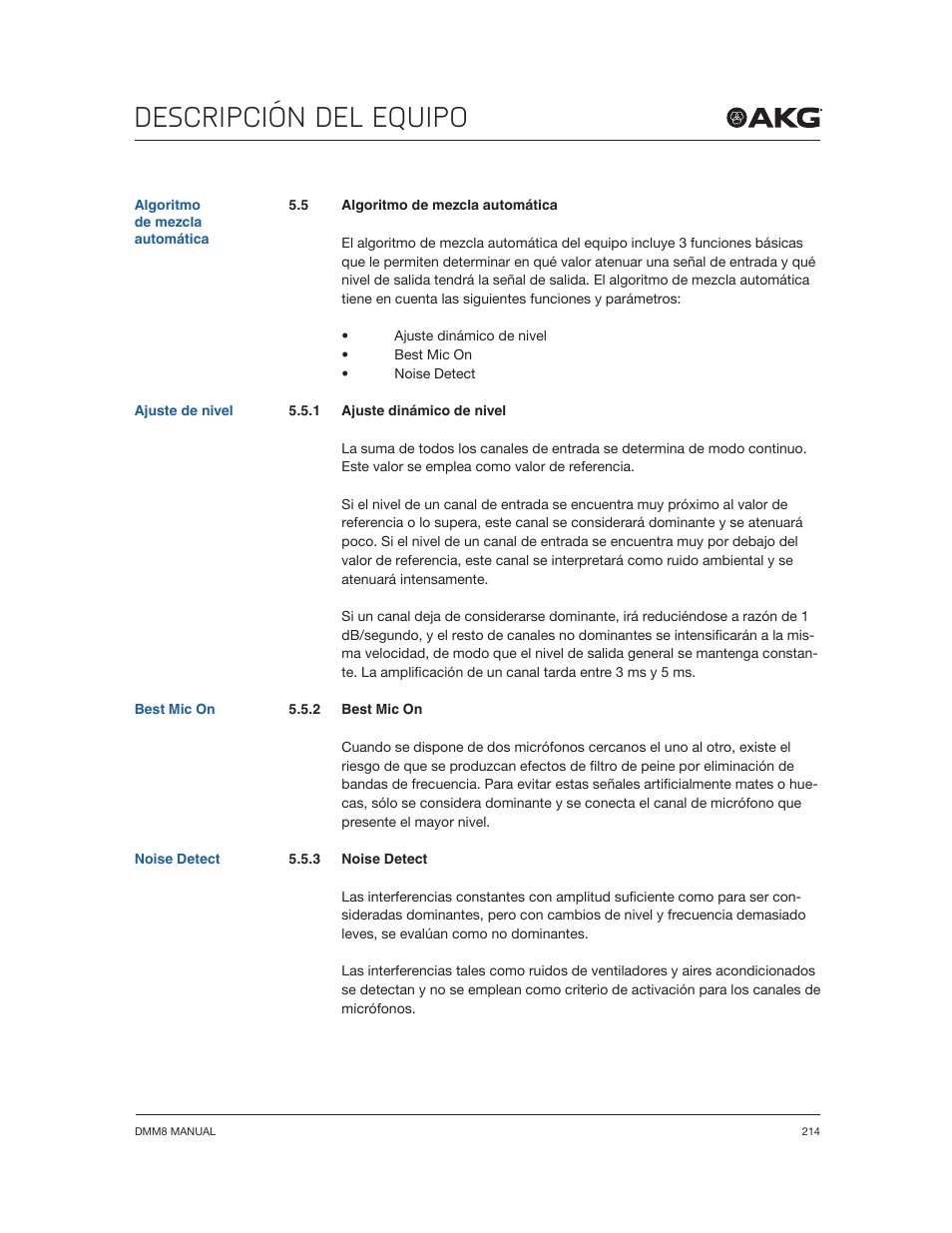 Descripción del equipo | Akg DMM8 ULD Digital Automatic Microphone Mixer with LAN and DANTE Interface User Manual | Page 214 / 259