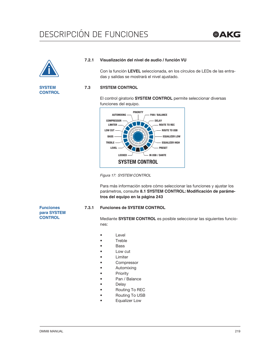 Descripción de funciones, System control | Akg DMM8 ULD Digital Automatic Microphone Mixer with LAN and DANTE Interface User Manual | Page 219 / 259