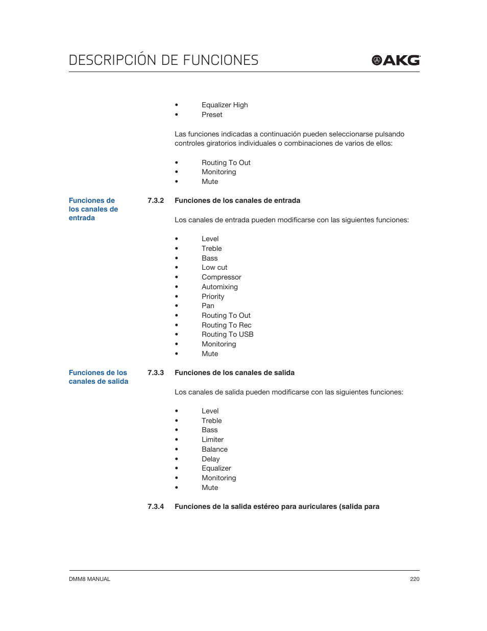 Descripción de funciones | Akg DMM8 ULD Digital Automatic Microphone Mixer with LAN and DANTE Interface User Manual | Page 220 / 259