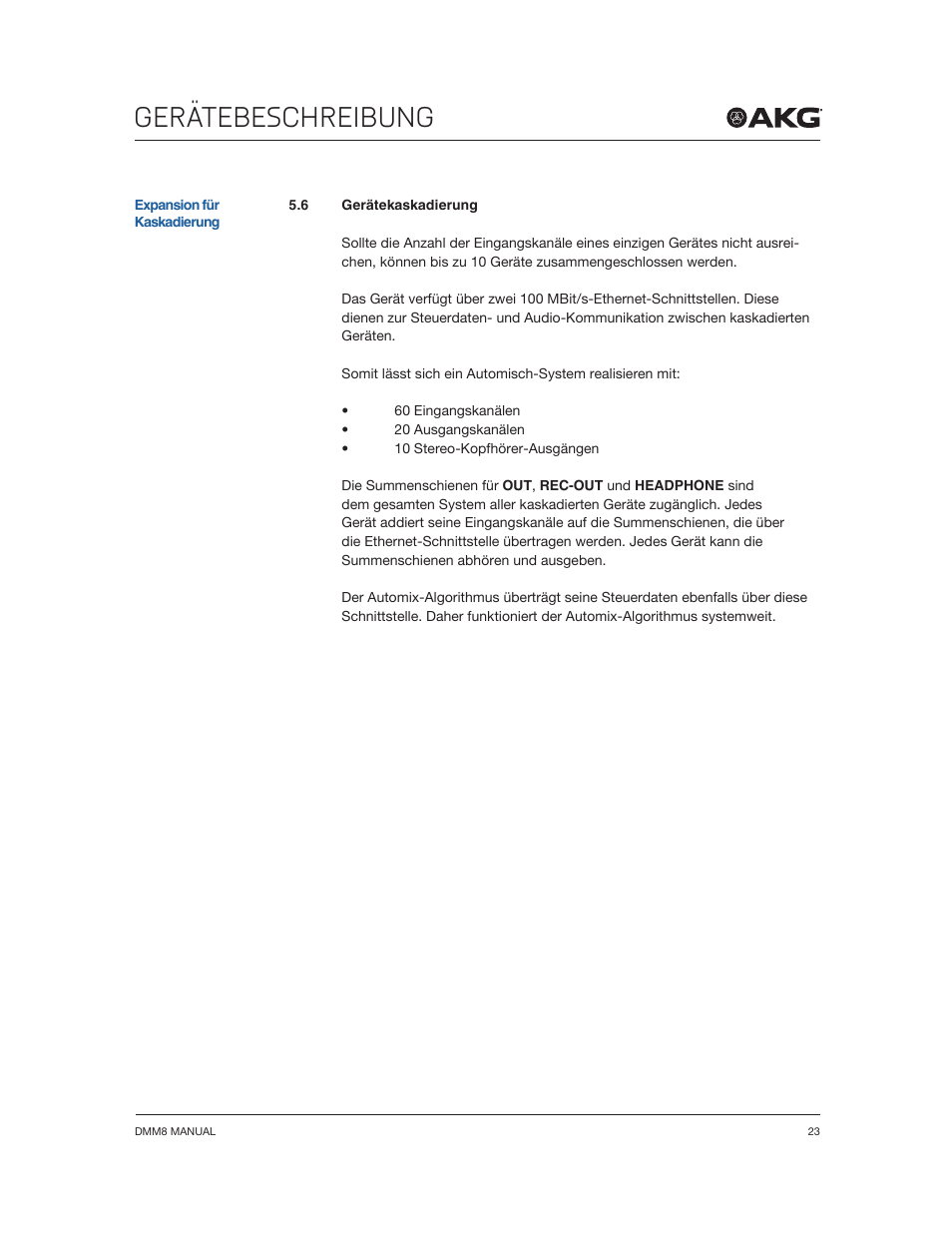 Gerätebeschreibung | Akg DMM8 ULD Digital Automatic Microphone Mixer with LAN and DANTE Interface User Manual | Page 23 / 259