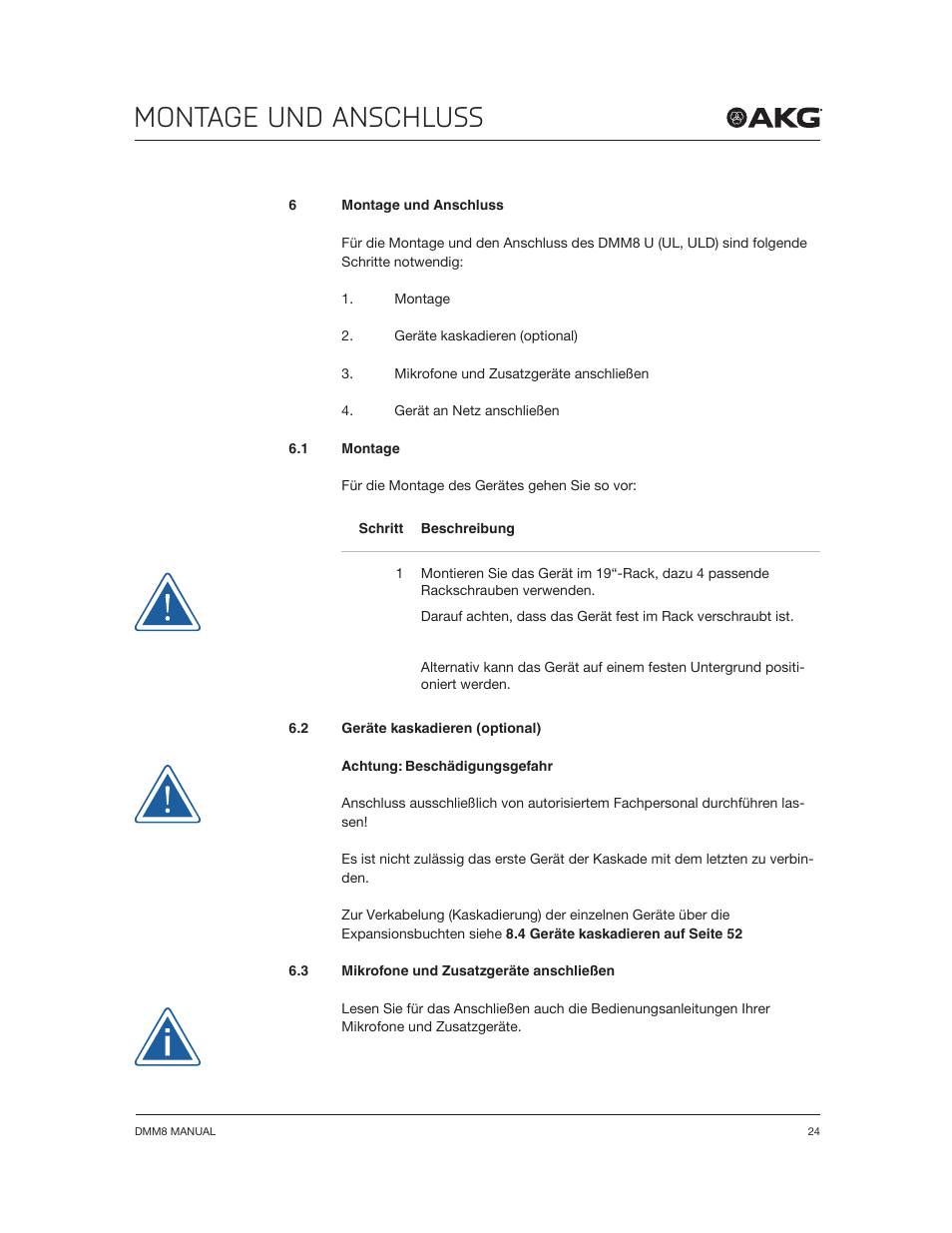 Montage und anschluss | Akg DMM8 ULD Digital Automatic Microphone Mixer with LAN and DANTE Interface User Manual | Page 24 / 259