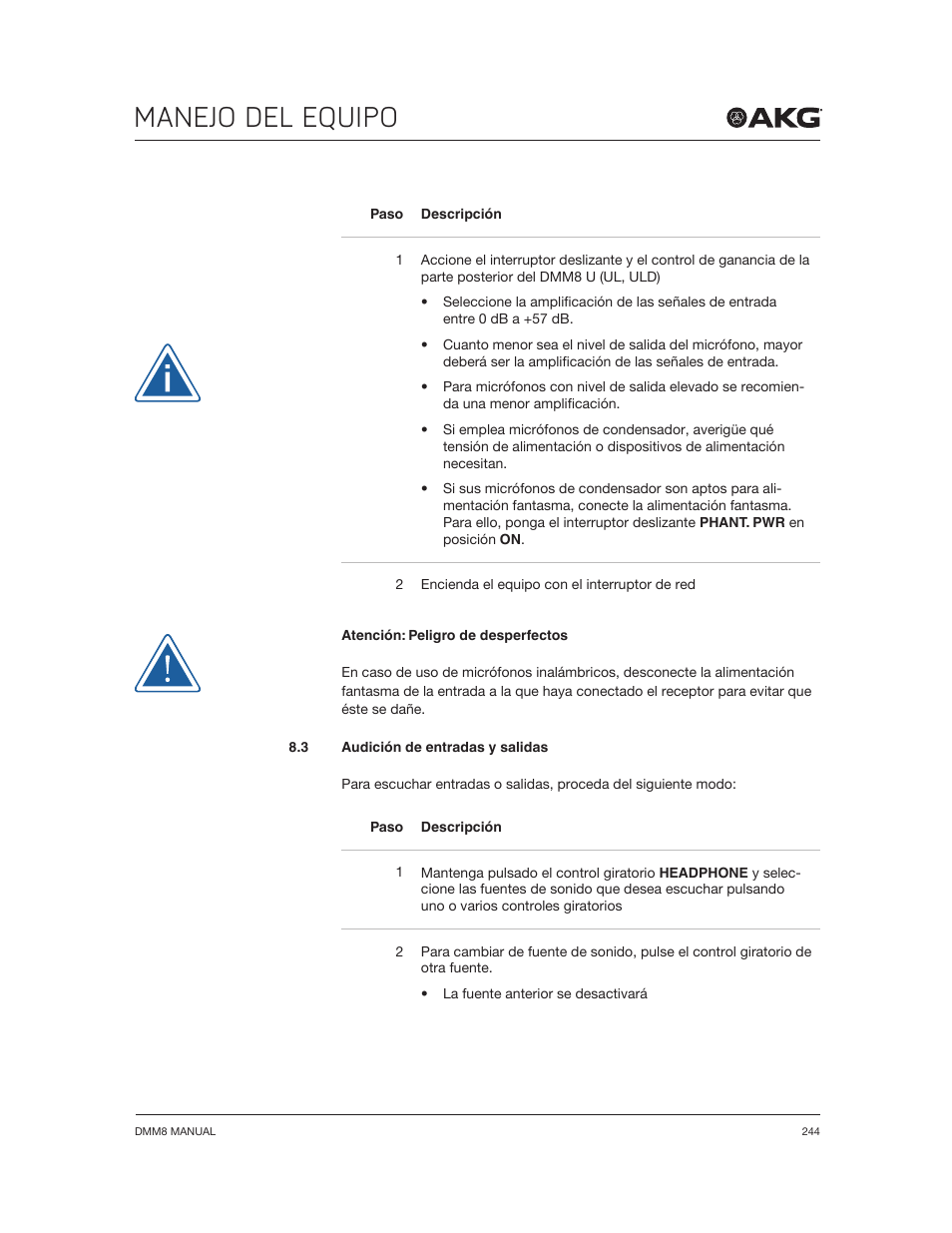 Manejo del equipo | Akg DMM8 ULD Digital Automatic Microphone Mixer with LAN and DANTE Interface User Manual | Page 244 / 259