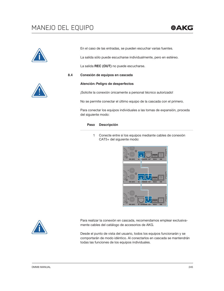 Manejo del equipo | Akg DMM8 ULD Digital Automatic Microphone Mixer with LAN and DANTE Interface User Manual | Page 245 / 259