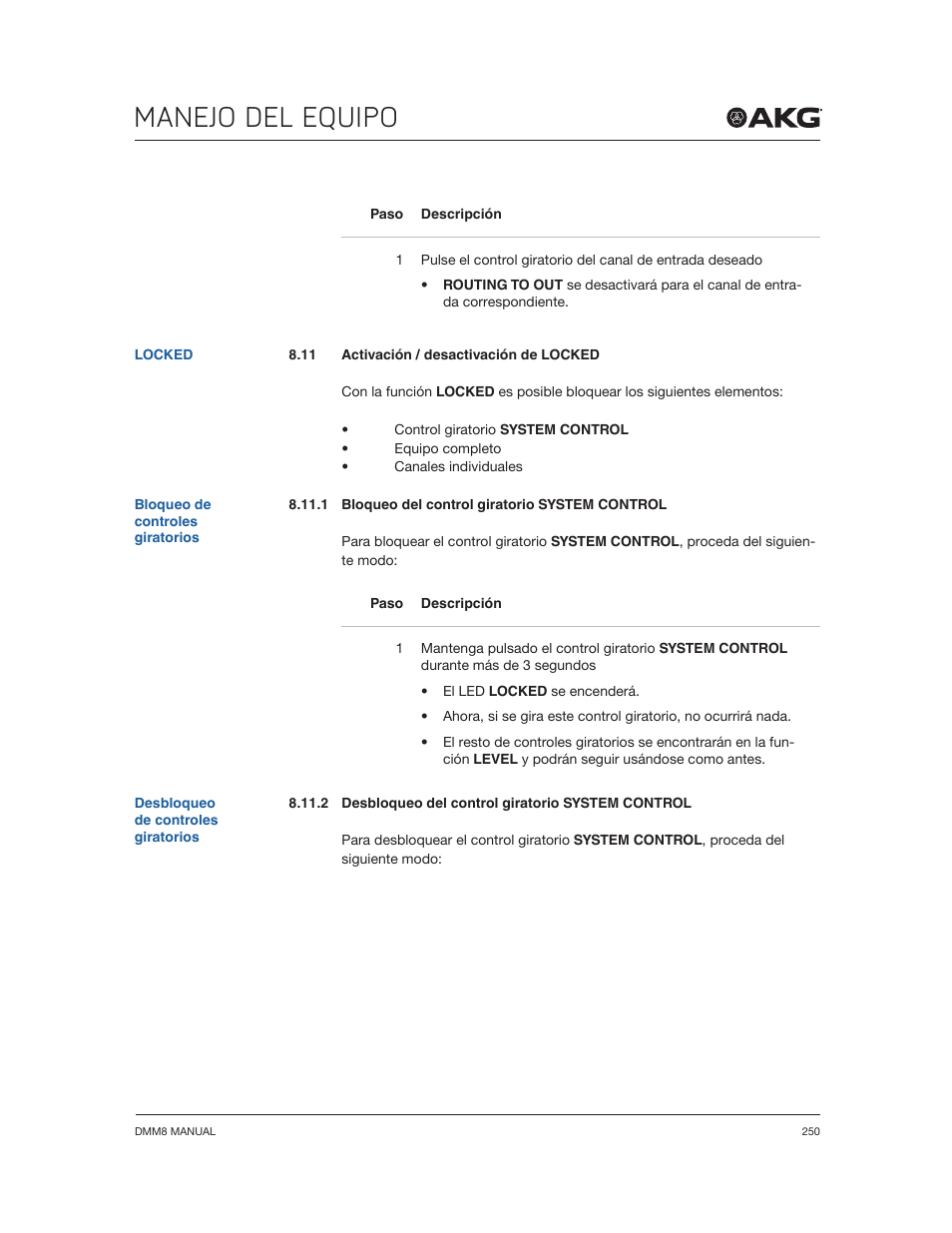 Manejo del equipo | Akg DMM8 ULD Digital Automatic Microphone Mixer with LAN and DANTE Interface User Manual | Page 250 / 259