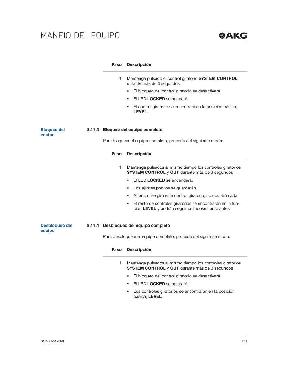 Manejo del equipo | Akg DMM8 ULD Digital Automatic Microphone Mixer with LAN and DANTE Interface User Manual | Page 251 / 259