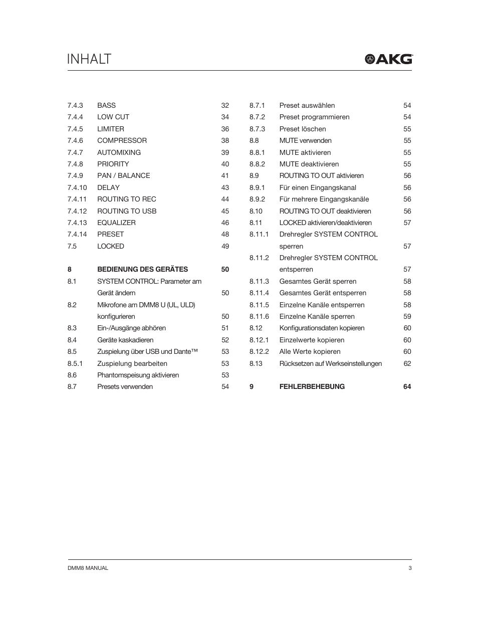 Inhalt | Akg DMM8 ULD Digital Automatic Microphone Mixer with LAN and DANTE Interface User Manual | Page 3 / 259