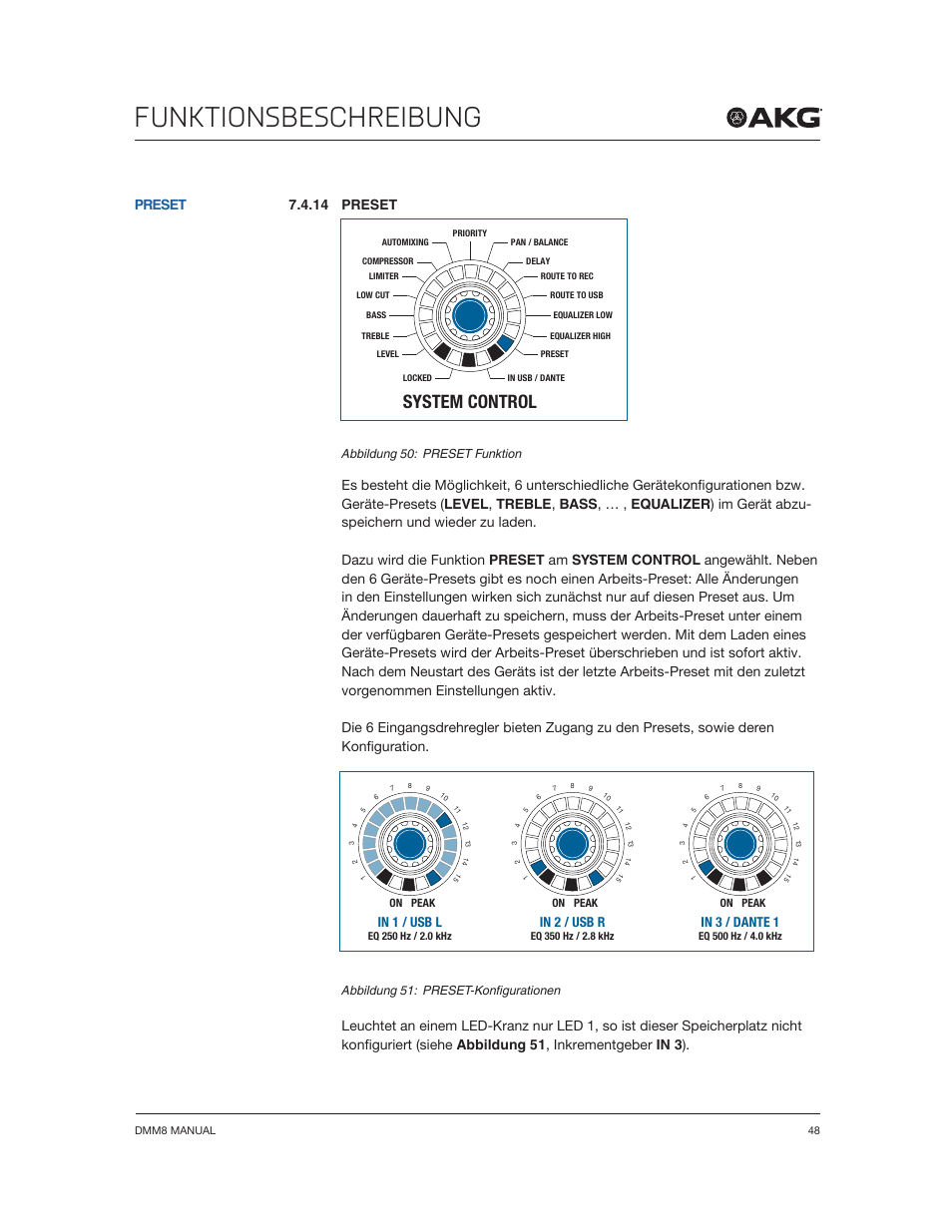 Funktionsbeschreibung, System control, 14 preset | Akg DMM8 ULD Digital Automatic Microphone Mixer with LAN and DANTE Interface User Manual | Page 48 / 259