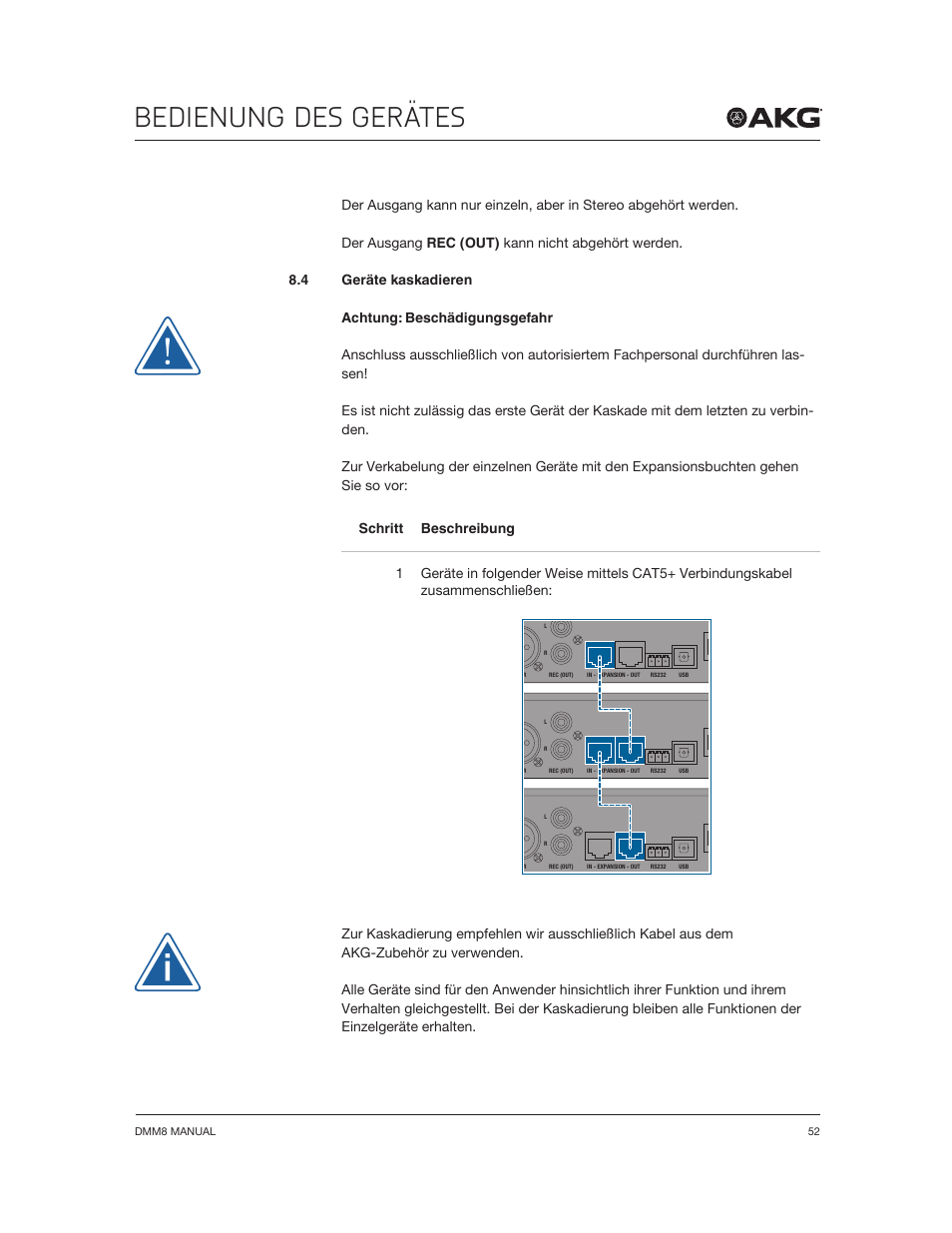Bedienung des gerätes | Akg DMM8 ULD Digital Automatic Microphone Mixer with LAN and DANTE Interface User Manual | Page 52 / 259