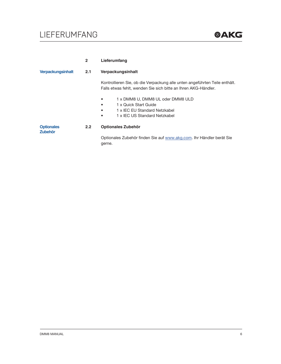 Lieferumfang | Akg DMM8 ULD Digital Automatic Microphone Mixer with LAN and DANTE Interface User Manual | Page 6 / 259