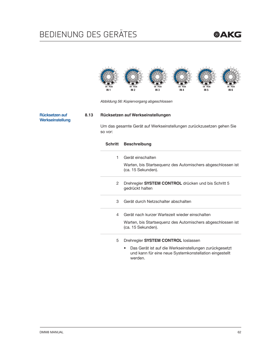 Bedienung des gerätes, Rücksetzen auf werkseinstellung, Abbildung 56: kopiervorgang abgeschlossen | Akg DMM8 ULD Digital Automatic Microphone Mixer with LAN and DANTE Interface User Manual | Page 62 / 259