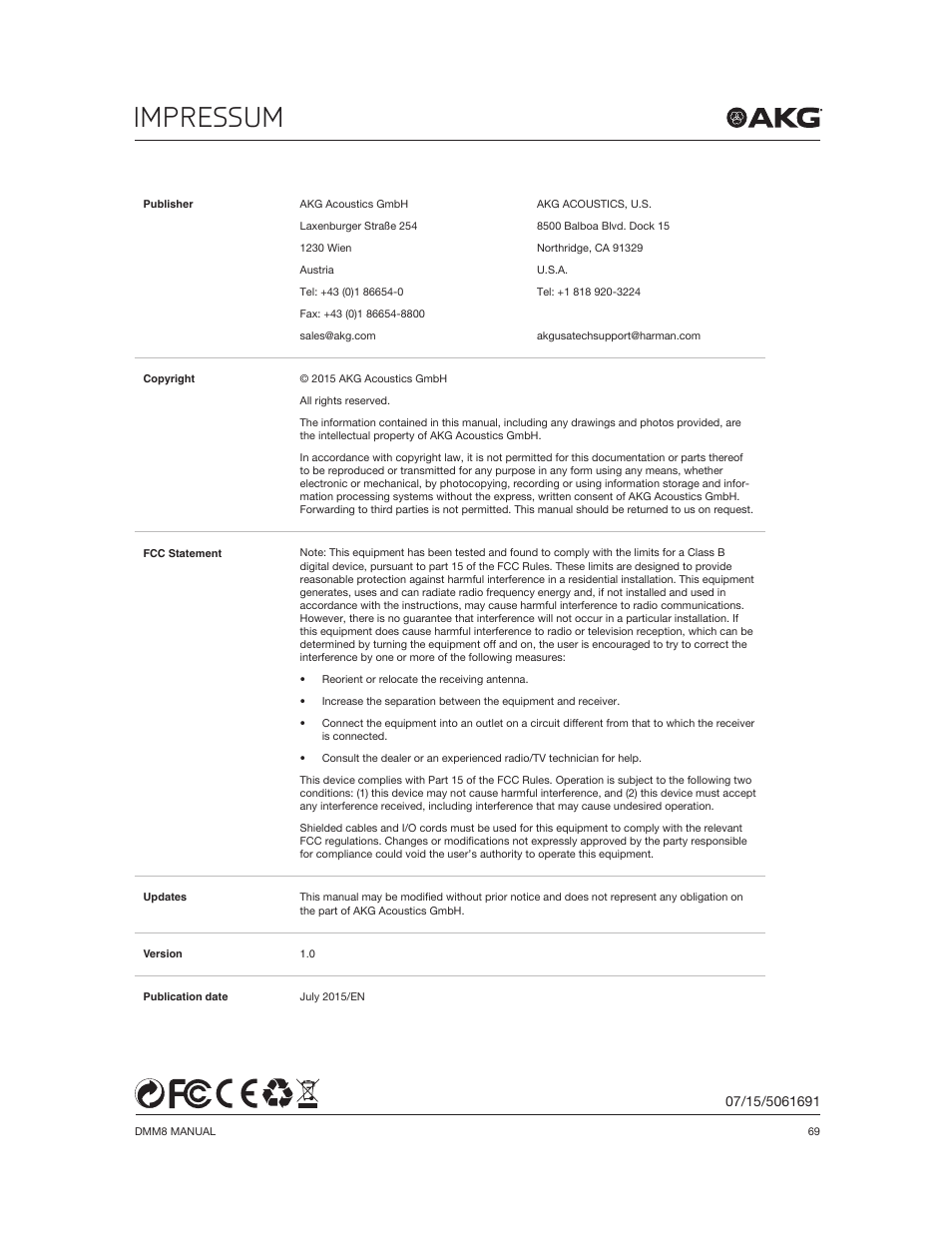Impressum | Akg DMM8 ULD Digital Automatic Microphone Mixer with LAN and DANTE Interface User Manual | Page 69 / 259