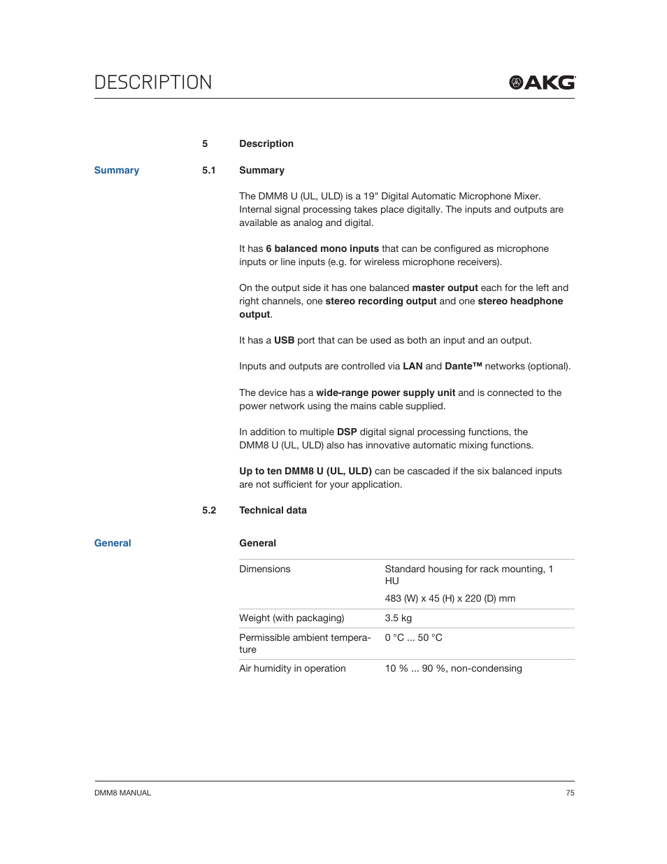 Description | Akg DMM8 ULD Digital Automatic Microphone Mixer with LAN and DANTE Interface User Manual | Page 75 / 259