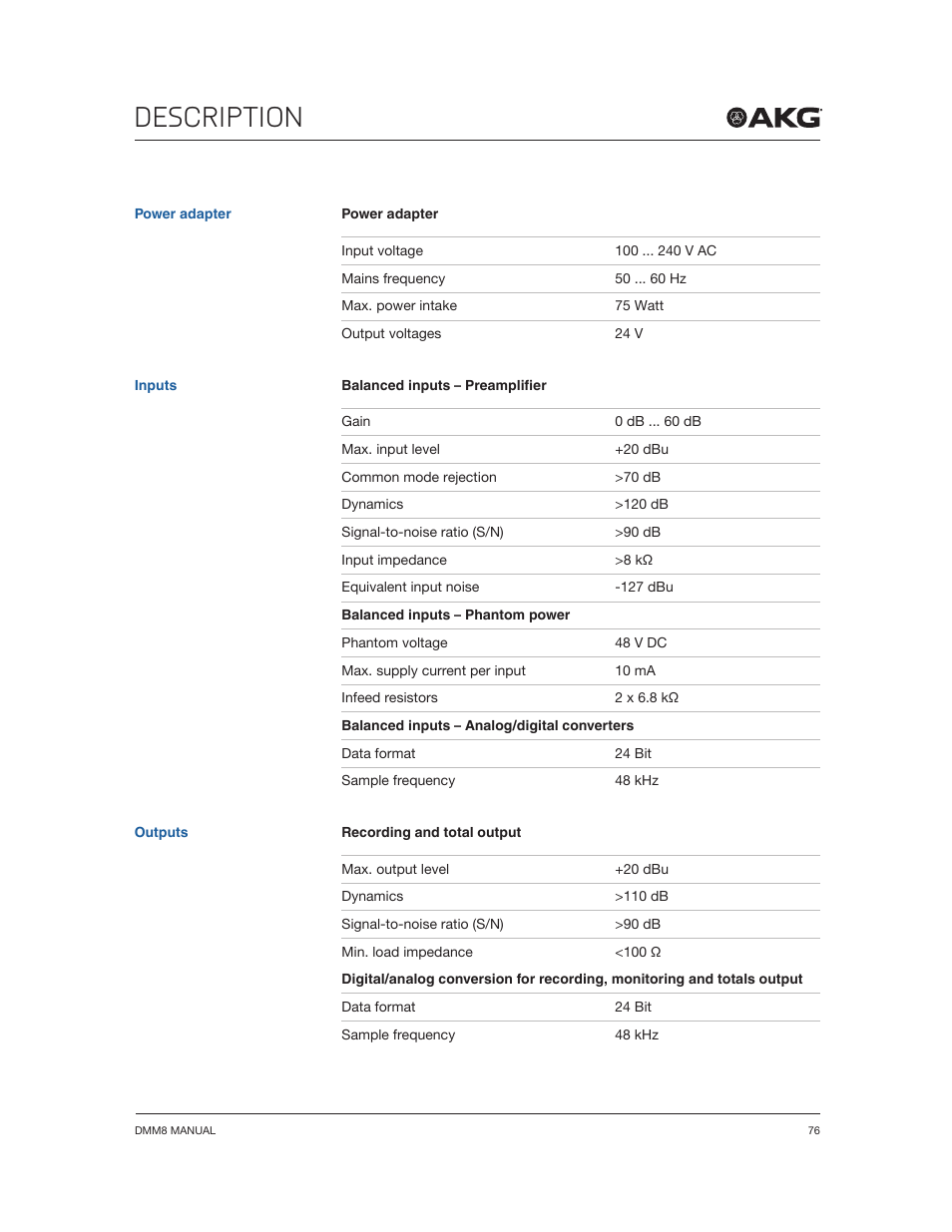 Description | Akg DMM8 ULD Digital Automatic Microphone Mixer with LAN and DANTE Interface User Manual | Page 76 / 259